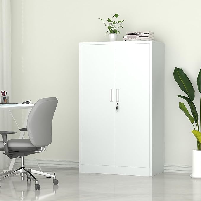 Metal Storage Cabinet with Locking Doors and Adjustable Shelves, 53.5-Inch Tall Lockable Storage Cabinets for Home Office Garage Kitchen Pantry (White)