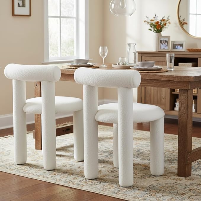 DUOMAY Modern White Boucle Dining Chairs Set of 4, Sherpa Upholstered Kitchen Chairs Armless Barrel Back Dining Chair, Living Dining Room Chairs, Reception, White