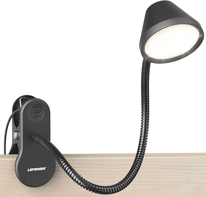 LEPOWER Clip on Light, Dimmable Book Light for Reading in Bed, 300LM Clip on Lamp, 5 Color Temperatures Clamp Light, Night Light Mode, Timer Setting, 2%-100% Brightness, for Bed, Headboard, Black