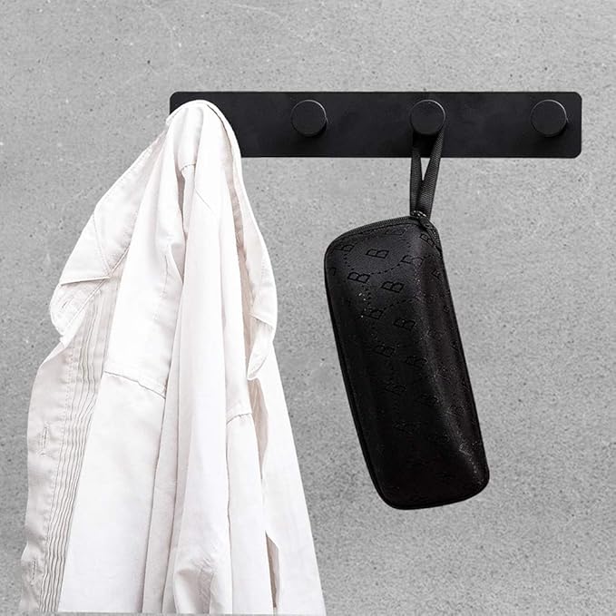 Small Coat Rack Wall Mounted, Black Coat Hooks Adhesive & Screw in, Stainless Steel Wall Hooks for Hanging Hat Towels Clothes, Metal Hook Rail with 4 Round Hangers