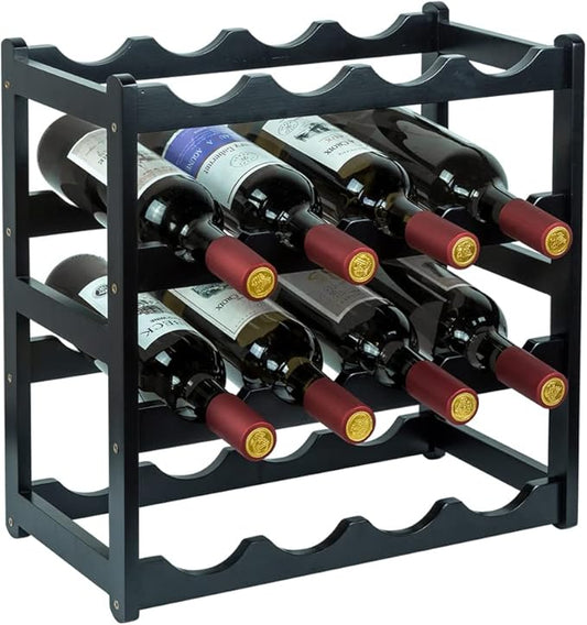 Bamboo Wine Rack, Sturdy and Durable Wine Storage Cabinet Shelf, Wine Racks Countertop for Pantry - 4 Tiers 16 Bottle Wine Rack Black