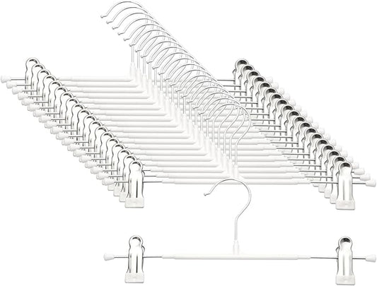Pants Hangers with Clips - 20 Pack Heavy Duty, Non-Slip Adjustable Space Saving Skirt Hangers for Pants, Jeans, Shorts | White | 12 Inch