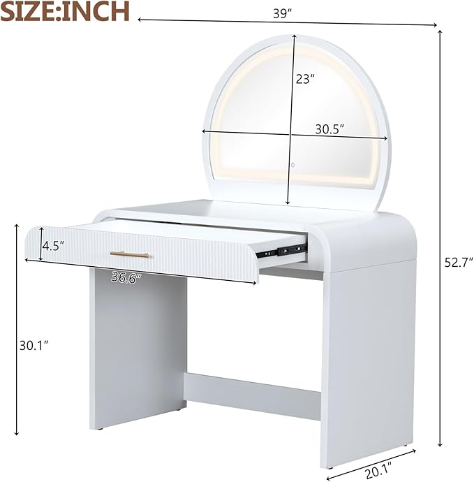 Merax 39" Make Up Vanity Desk with Touch Screen Lighted Mirror and Storage Drawer, Rubber Wood Girls Makeup Dresser Table for Bedroom, Dressing Room