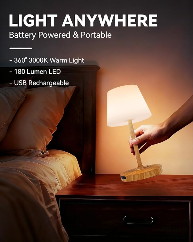 Outdoor Waterproof Shower Lamp, 5200mAh Cordless Rechargeable Table Lamp with Touch Dimming, IP65 Wireless LED Night Light for Patio, Camping, Bathroom, Restaurant & Kitchen (Wood Grain)