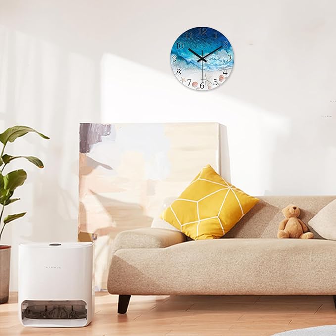 XNM Round Beach Battery Operated Wall Clock Decorative 14 Inch Bedroom Clock Analog Blue Coastal Wall Clock Silent