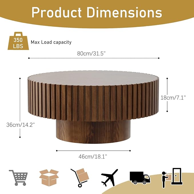 Round Drum Coffee Table 31.5" Wooden Coffee Tables Handcrafted Fluted Drum Coffee Table Modern Luxury Circle Center Table Vintage Farmhouse Center Table for Living Room (Round Dark Brown)