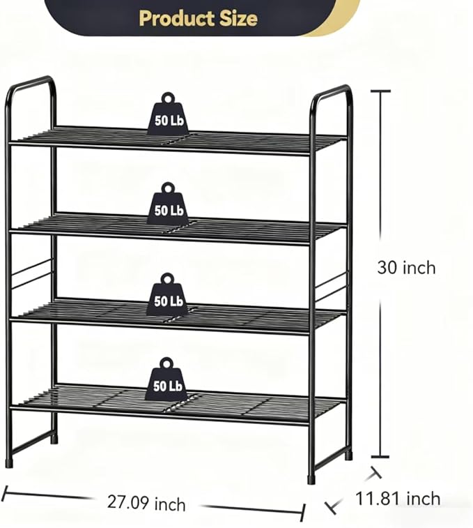 Stackable Shoe Rack, 4 Tier Closet Metal Shoe Organizer for Storage Shelf for Entryway, Bedroom, Holds up to 20 Pairs Shoes, Black