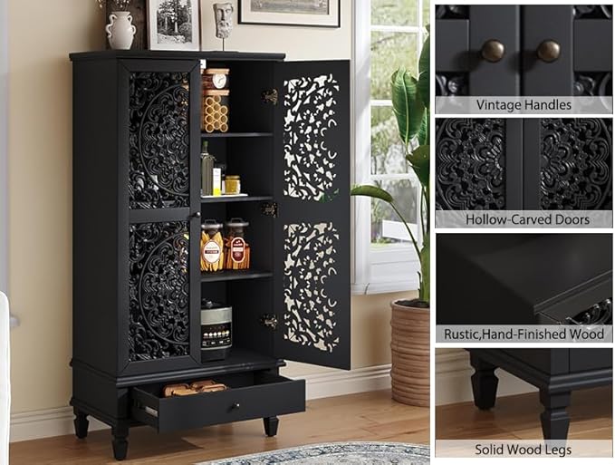 Rustic 55'' Tall Storage Cabinet with 2 Hollow-Carved Doors a Drawer, Wood Accent Cabinet with Solid Wood Legs for Living Room, Hallway, Dining Room (Black-T)