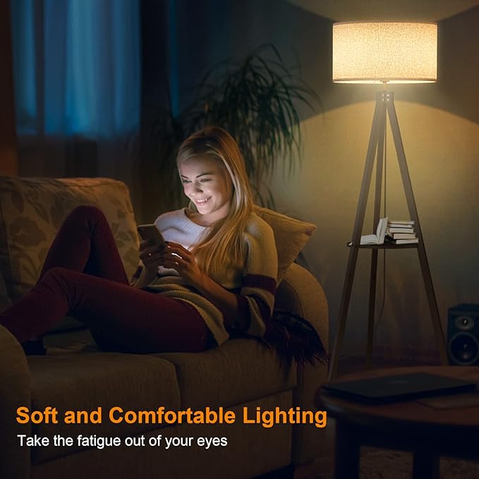 LEPOWER Mid Century Wood Standing Lamp, Modern Design Shelf Floor Lamp for Living Room, Bedroom, Office, Flaxen Shade with E26 Base, Perfect for Reading or Ambient Lighting Dark Brown