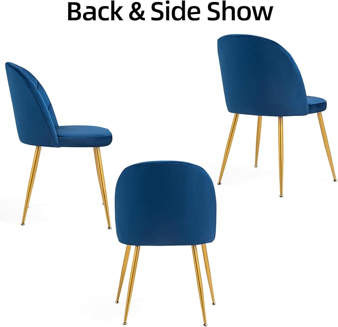 Velvet Dining Chairs Set of 6, Upholstered Mid Century Modern Dining Chairs, Armless Accent Chair with Metal Gold Legs for Living Room, Kitchen, Dining Room, Blue