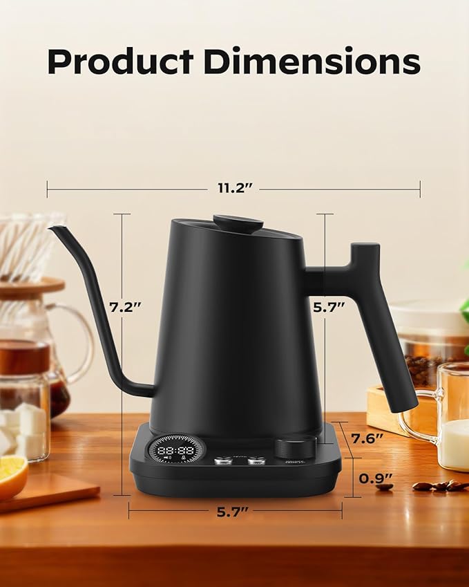 Silonn Gooseneck Kettle, Electric Kettle with ±1°F Precise Temperature Control, Pour-Over Coffee,212°F Hold for 4-Hour Warmth, LED Brew Timer and 7 Presets, 304 Stainless Steel Kettle, 1200W/0.9L