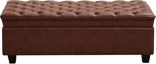 50" Faux Leather Storage Ottoman Bench, Upholstered Rectangle End of Bed Storage Ottoman Tufted Living Room Bedroom Bench with Safety Hinge, Solid Wood Legs, Loads 500 lb(Brown)