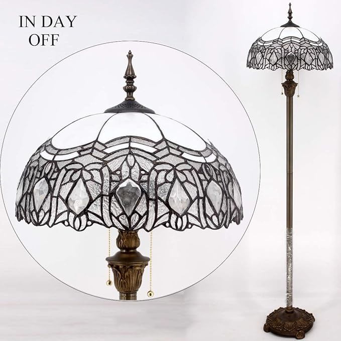 WERFACTORY Tiffany Floor Lamp Crystal Bead White Stained Glass Standing Reading Light 16X16X64 Inches Antique Pole Corner Lamp Decor Bedroom Living Room Home Office S508W Series