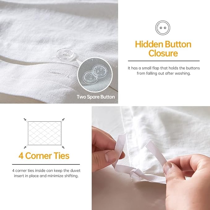 Simple&Opulence French Linen Duvet Cover Set 88" x 92"- 5 Pieces (1 Comforter Cover,4 Pillowcases)- Natural Flax Cotton Blend-Solid Color Breathable Farmhouse Bedding-Off White, Queen