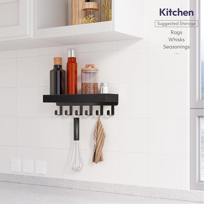 SWTYMIKI Key Holder Wall Mount - Wooden Key Hooks for Wall with Mail Organizer & 6 Hooks, 2 Installation Ways Key Hanger, Key Rack with Shelf for Entryway Living Room Bedroom Office Home Decor Black