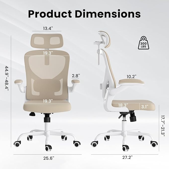 Soohow Ergonomic Office Chair, Office Mesh Desk Chair with Adjustable Lumbar Support Armrests, Comfy Computer Desk Chair with Headrest, for Home and Office, White & Khaki