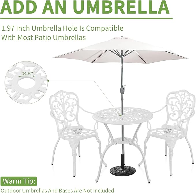 Cast Aluminum Bistro Table and Chairs Set of 2 with Umbrella Hole for Yard (WHITE1)