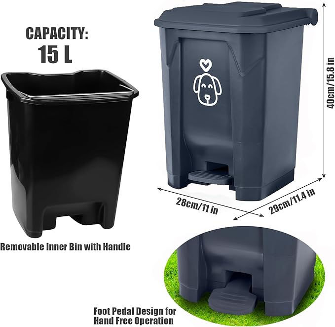 Outdoors Dog Poop Trash Can with Lid & 290PCS Waste Bags, Cute Dog Waste Trash Can for Dog Poop, Yard, Home, Garden, Kitchen, 15 Litre Grey Step with Removable Inner Bin, AG