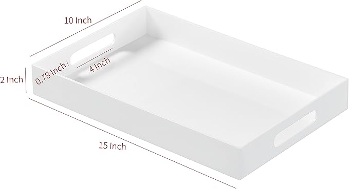 Glossy White Acrylic Serving Tray with Handles-Lucite Tray for Ottoman,Coffee Table, Breakfast, Tea, Food, Butler - Decorative Tray (10x15x2H Inch with, White)
