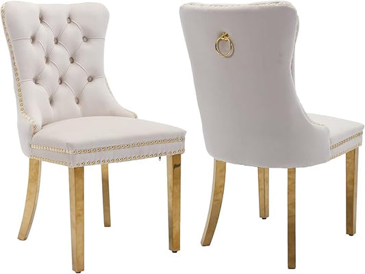 Luxury Upholstered Dining Chairs Set of 2, Beige Kitchen Chair with Golden Metal Legs, Velvet Tufted Back Dining Chair, Sillas de Comedor, Modern Kitchen & Dining Room Chairs (Beige, 2 Pcs)