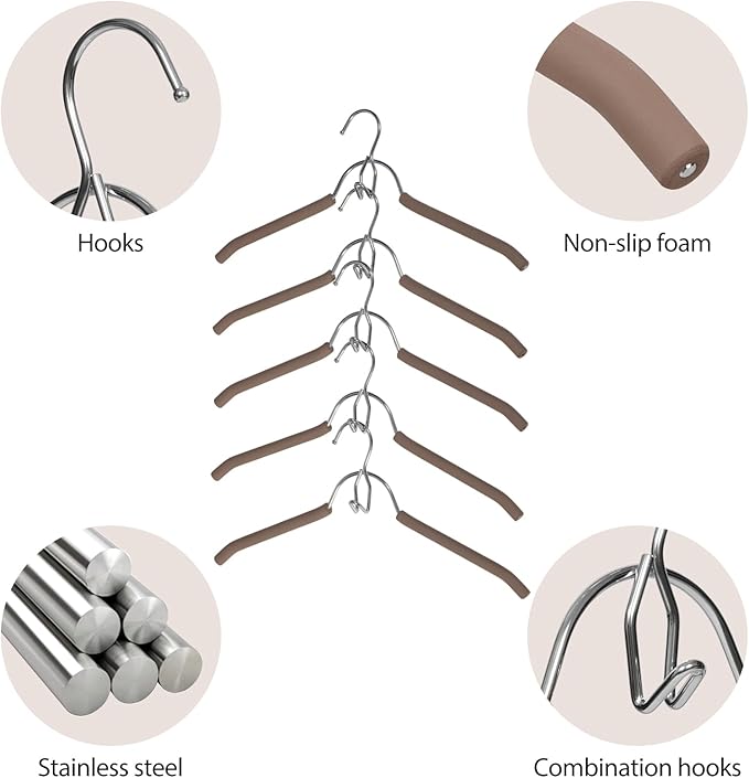 VWV Hangers, Space Saving Hanger, Heavy-Duty Stainless Steel Sweater and Shirt Hanger, Wardrobe Organizer (Brown, 10 Pack)