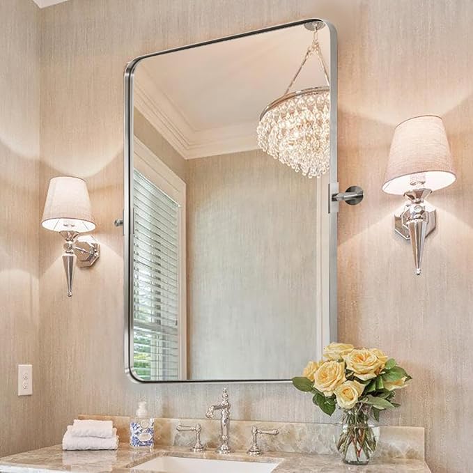 ANDY STAR Chrome Pivot Bathroom Mirror, 20" x 30" Chrome Tilting Wall Vanity Mirror, Rounded Rectangle Metal Frame Pivots Vertically Only (Overall 24.33" x 30")