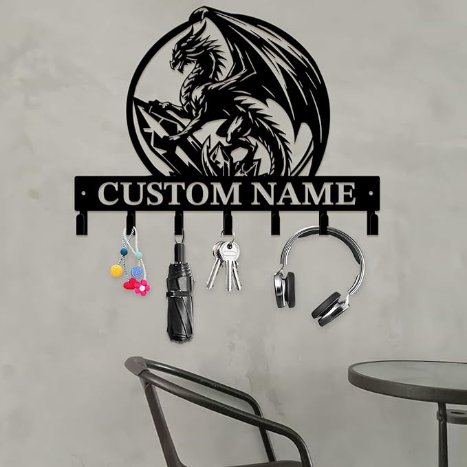 Customized Name Key Hook - Evil Dragon Design Keys Holder Decor Black Iron Metal Wall Organizer for Home & Office (Multiple Sizes) (Style B)