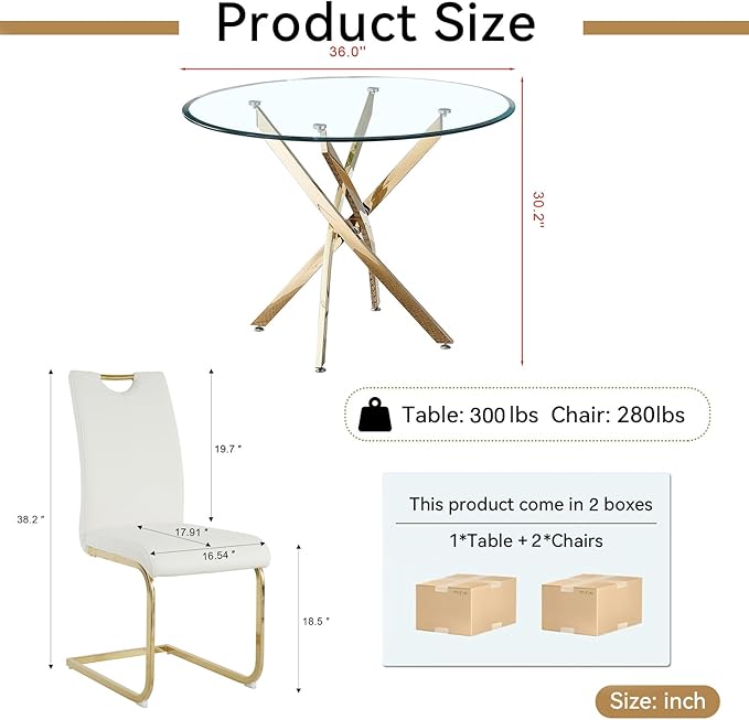 Goujxcy 3 Pieces Round Dining Table Set for 2, Modern Gold Glass Kitchen Table and Chairs for 2 with Upholstered Chairs, Circle Coffee Dining Table Set for Small Space,Apartment,Office