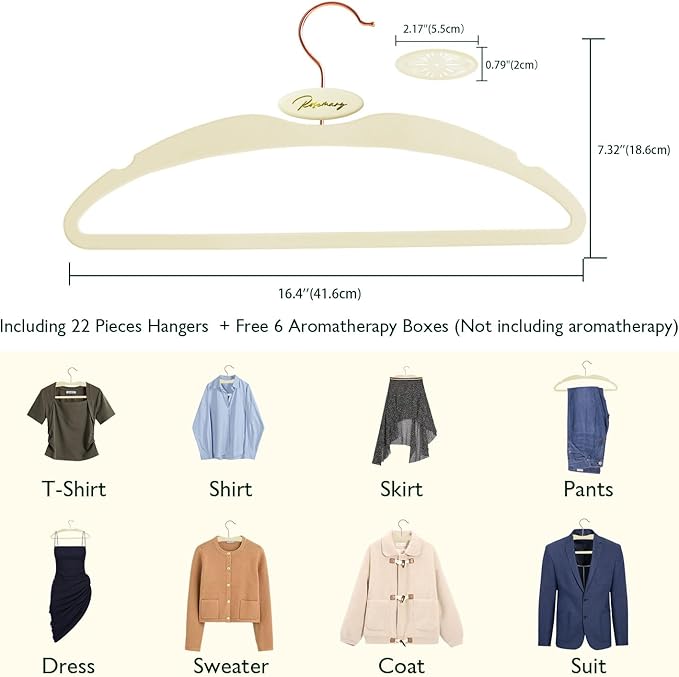 ManGotree Velvet Coat Hangers with Empty Aromatherapy Boxes, Non-Slip Short Neck Hangers, Ultra-Thin Space Saving Suit Hanger for Jacket, Shirt, Dress, Pants (22 Pack, Light Yellow)
