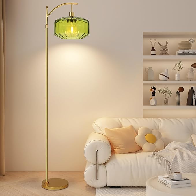 Arc Floor Lamps for Living Room Bedroom,Gold Floor Lamp with Remote Control & Glass lampshape,Dimmable Floor Lamp Modern Mid Century Modern Standing Lamp Vintage Tall Flower Lamp for Bedroom Corner