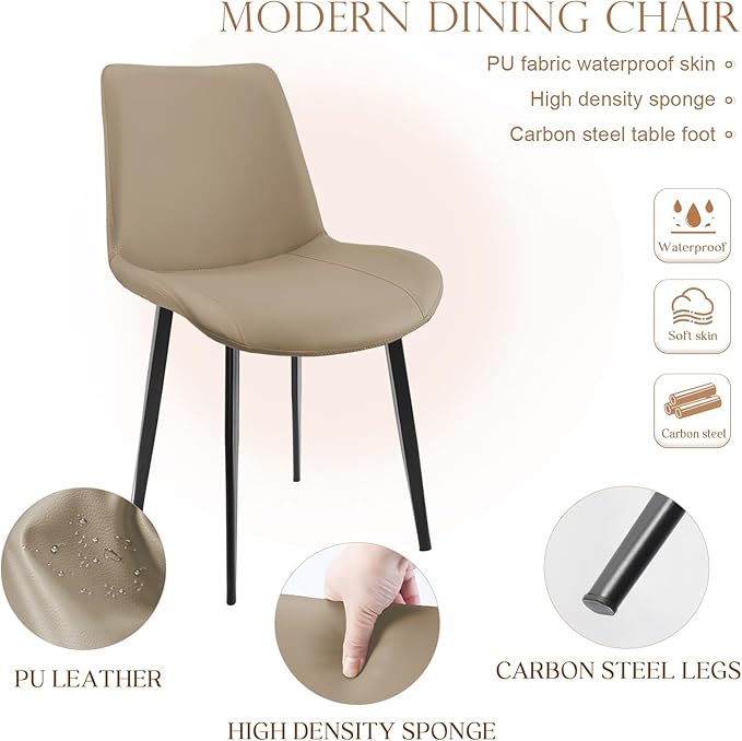 Dining Chairs, Modern PU Leather Dining Room Chair with Sturdy Metal Legs, Upholstered Seat Dinner Chairs Accent Side Chairs for Indoor Kitchen Living Room (Tan, Set of 6)