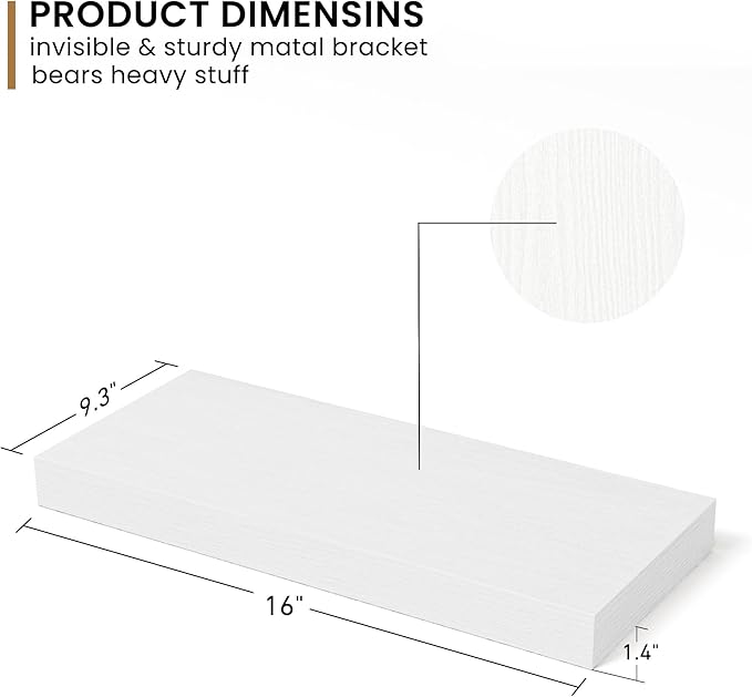 Fun Memories Deep Floating Shelves - 16" W x 9.3" D x 1.6" H Rustic White Wall Shelf - Wall Mounted Shelves for Storage - Wooden Shelves with Invisible Brackets for Living Room, Farmhouse - Set of 2