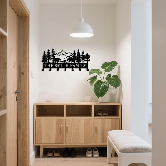 Custom Metal Hooks Key Rack with Name,Bear Family Theme Decor,Personalized Key Holder Wall Mount Hooks for Bedroom Entryway,Housewarming Gift Bear