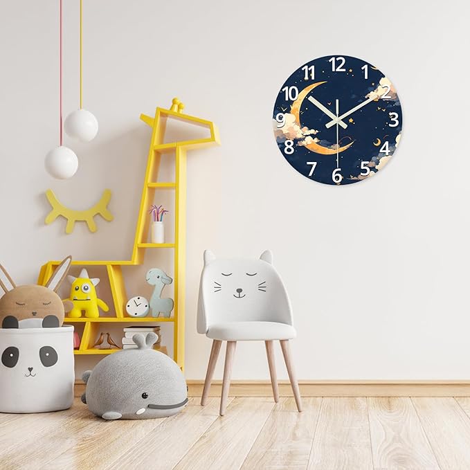 14 Inch Moon Clock for Kids Bedroom Small Glow in The Dark Wall Clock Battery Operated Analog Silent Wall Clock Non Ticking