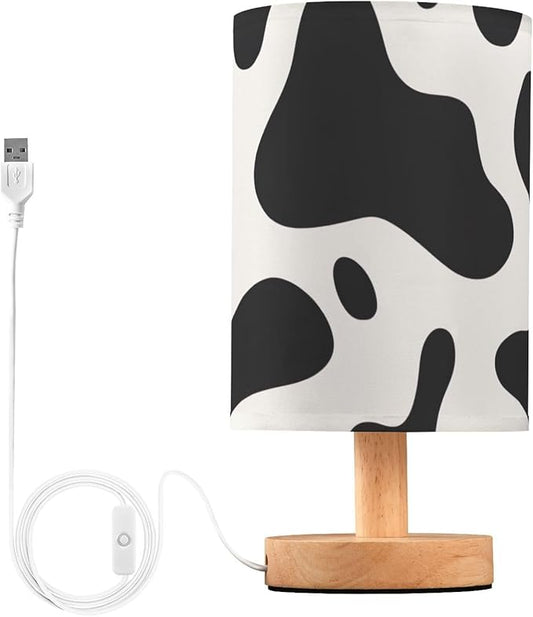 Bedside Lamp Black White Cow Print Table Lamp with USB Port Wood Base for Living Room,Bedroom,Nightstand,Office 202a3295