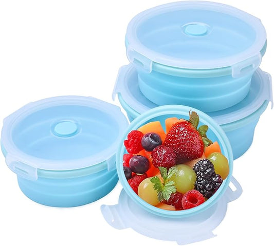 Square Collapsible Silicone Food Storage Containers 4-Piece Set, Air-Tight Leak-Proof Collapsible Bowls with Lids for Meal Prep, Office Lunch & Camping, Space-Saving Stackable Design(Blue)