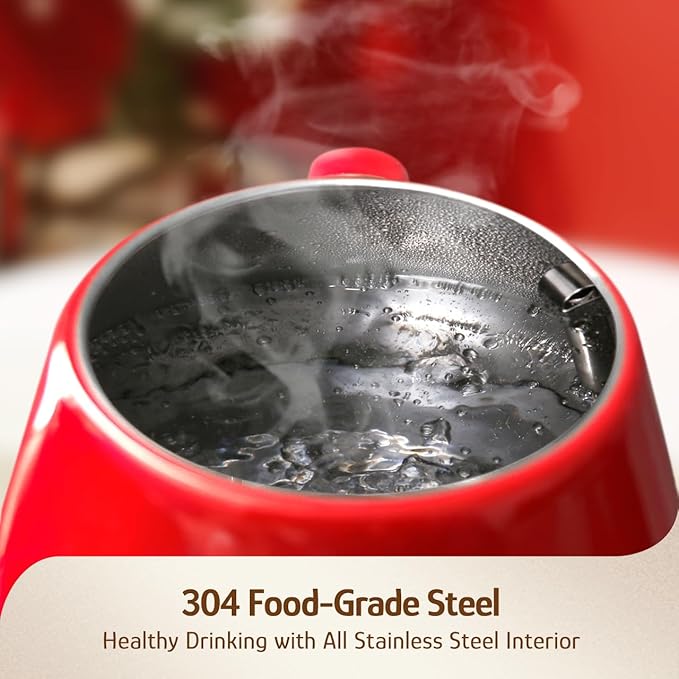 Hazel Quinn Retro Electric Kettle - 1.7 Liters / 57.5 Ounces Tea Kettle with Thermometer, All Stainless Steel, Fast Boiling 1200 W, BPA-free, Cordless, Rotational Base, Automatic Shut Off - Ruby Red