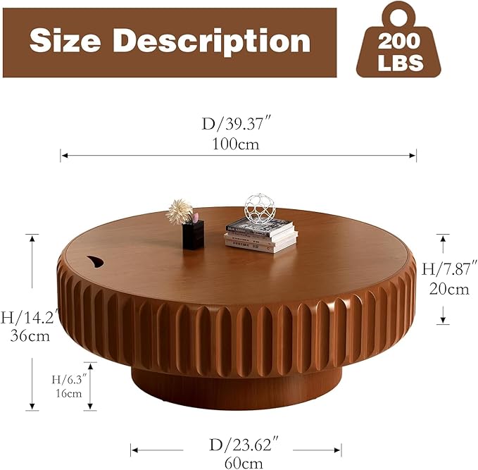 Round Drum Coffee Table White Fluted Coffee Table Circle Center Table Pedestal End Table for Apartment (Brown 39.4)