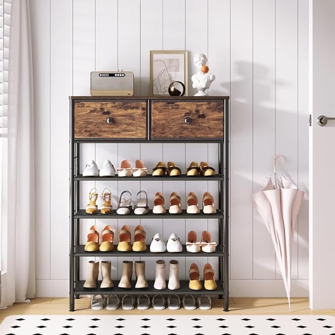 Shoe Rack Organizer 5 Tier Metal Organizer Shelf with 2 Drawers Industrial MDF Board and Layer Fabric for Entryway Closet Bedroom Living Room Garage