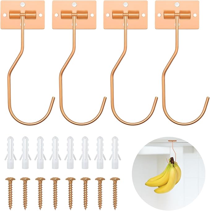 Banana Hanger Hook – Space Saving Banana Holder Hanger to Keep Bananas Fresh, Self Adhesive and Screw Banana Hook 4Pack Rose Gold