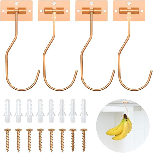 Banana Hanger Hook – Space Saving Banana Holder Hanger to Keep Bananas Fresh, Self Adhesive and Screw Banana Hook 4Pack Rose Gold