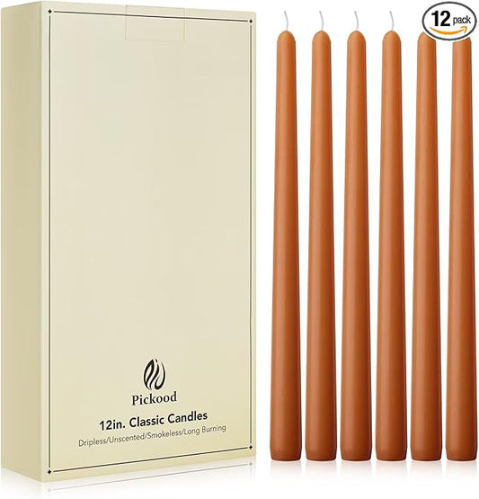 New Burning Formula Unscented Dripless 12-Inch Taper Candles Set of 12 - Burnt Orange, for Wedding, Dinner - Smokeless, Long Burning - Hand Poured, Colored Tall Candlesticks - Naranja Quemado