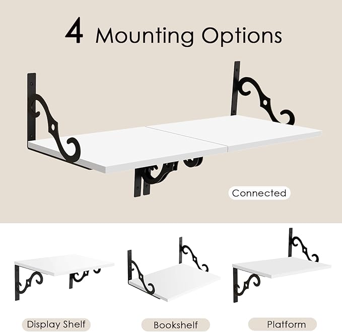 DINZI LVJ Deep Floating Shelves, 16" W x 12" D Wall Shelves Set of 2, Wide Display Shelf Wall Mounted with Brackets, Easy-to-Install Bookshelf for Living Room, Bathroom, Bedroom, White