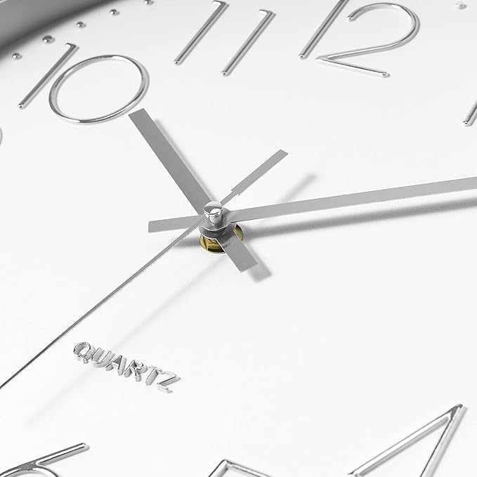 Foxtop Silver Wall Clock Silent Non-Ticking Battery Operated Round Modern Wall Clock for Office School Home Living Room Bedroom Bathroom Kitchen Decor 12 inch