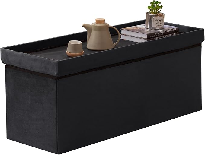 BRIAN & DANY 43 Inches Folding Storage Ottoman Bench, Velvet Ottoman with Storage for Living Room, Long Shoes Bench,Flannelette Footrest Benches Seat (Black)