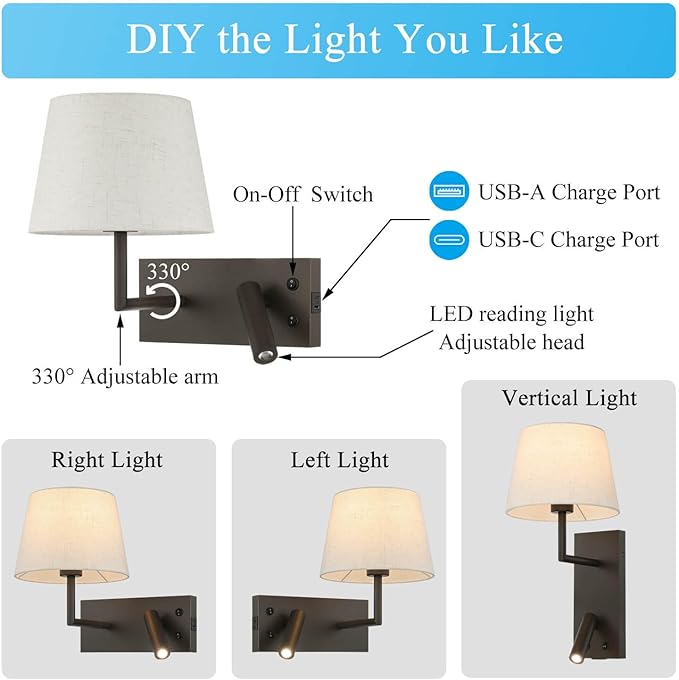 XiNBEi Lighting Hardwired Wall Sconce with LED Reading Lamp, Bedroom Wall Lamp with USB Port & Switch Rotatable Wall Light with Linen Fabric Shade for Bedside Living Room, Dark Bronze XB-W462-LED-DB