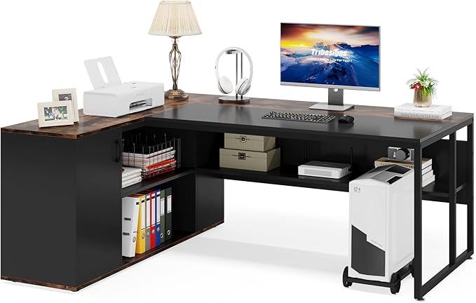 LITTLE TREE Large Computer Desk with File Cabinet, 71 inch Executive Desk L Shaped Office Desk, Business Furniture Desk Workstation for Home Office, Brown