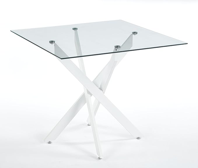 36" Square Dining Table for 4, Modern Glass Kitchen Table for 4 with White X Metal Legs, Contemporary Small Glass Dining Room Leisure Tables for Kitchen Apartment