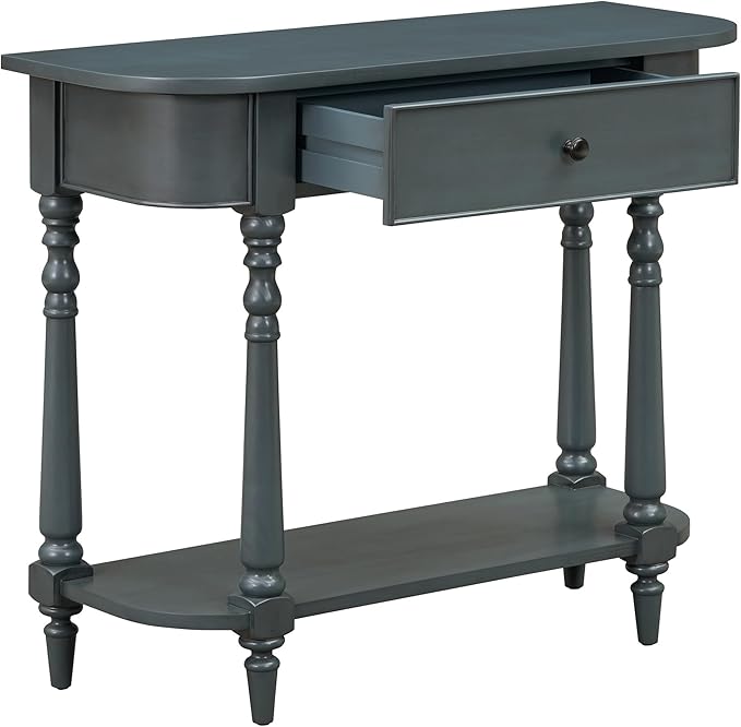 HMFULE Retro Curved Console Table, 36" Solid Wood Half Moon Console Table Sofa Table Entryway Table with 1 Drawer 1 Open Shelf Roman Legs Curved Corners for Living Room,Entryway,Hallway,Navy