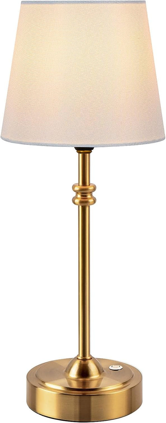 ONEWISH Cordless Lamp-Battery Operated Table lamp, 4000mAh Rechargeable, Stepless Dimmable, Small Touch Bedside Lamp with Fabric Shade, for Dining, Patio, Bathroom(Gold)